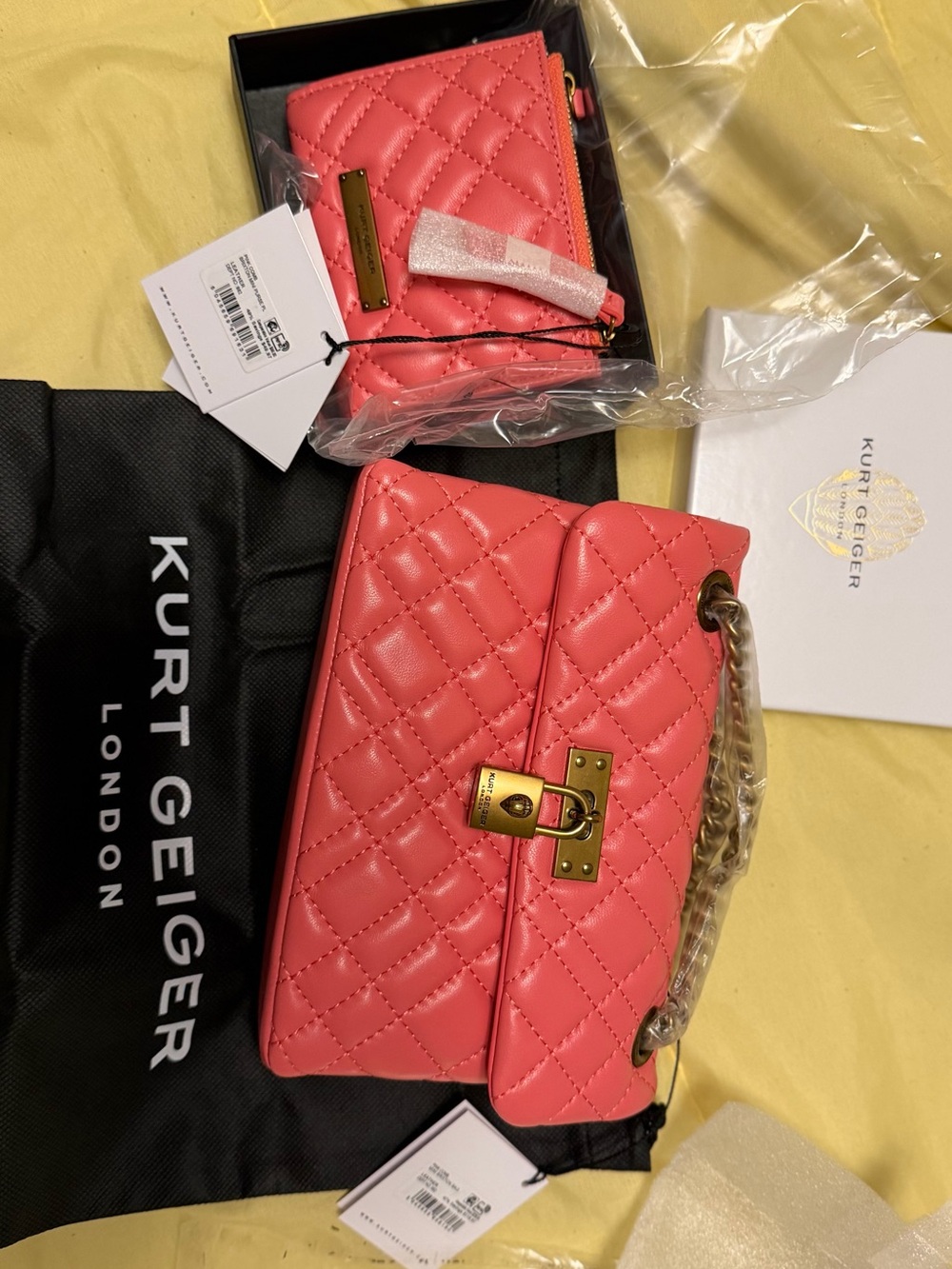 Kurt Geiger Brixton Quilted Coral-Pink Chain Bag. With matching wallet. NWT